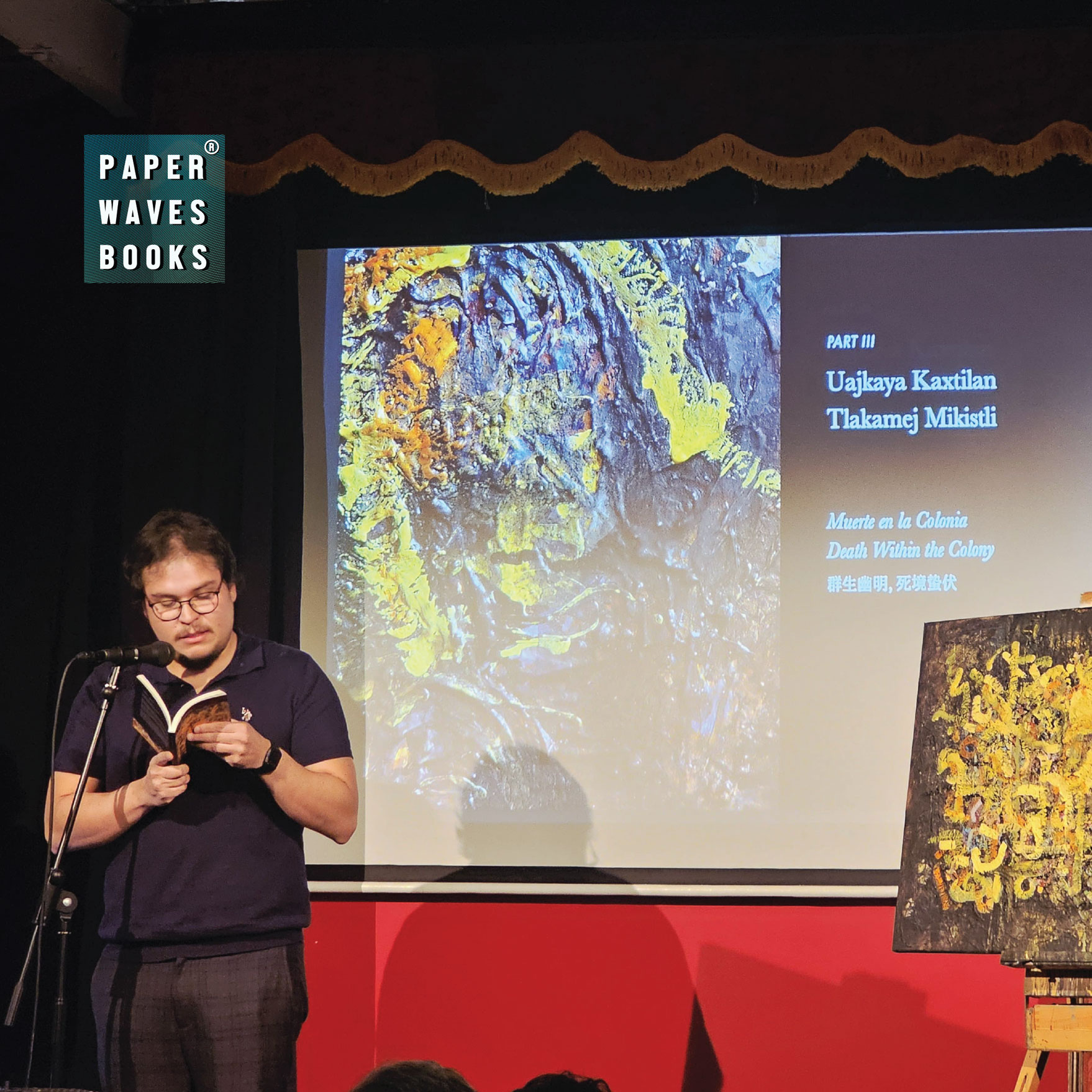 A reading from Obsidian Sun beside projected multilingual poetry and artwork